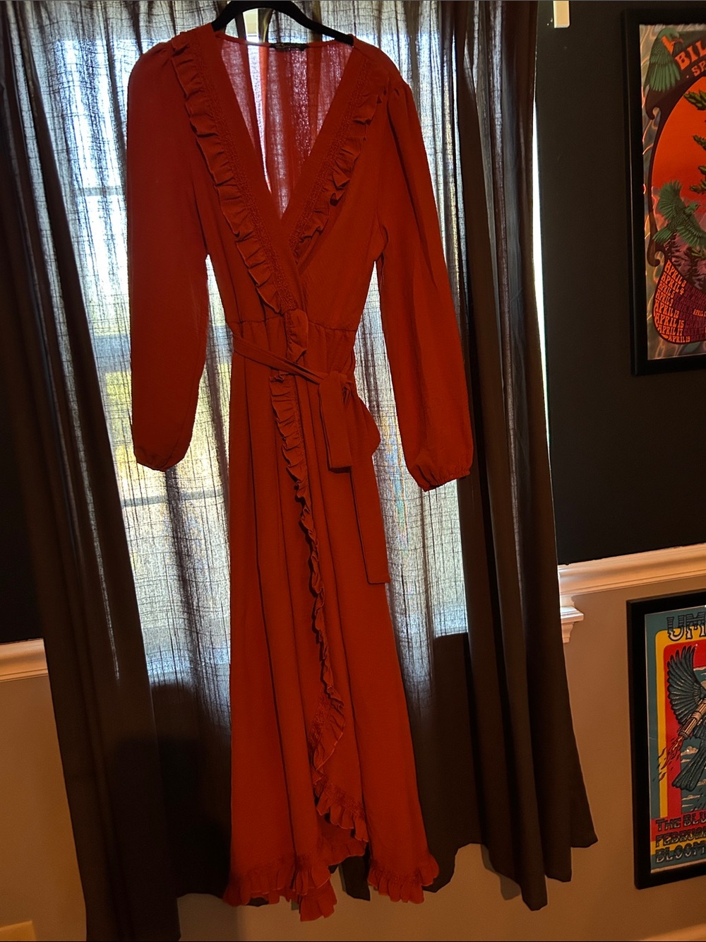 Simple Rust Orange Ruffle Wrap Maxi Dress - Long Sleeve